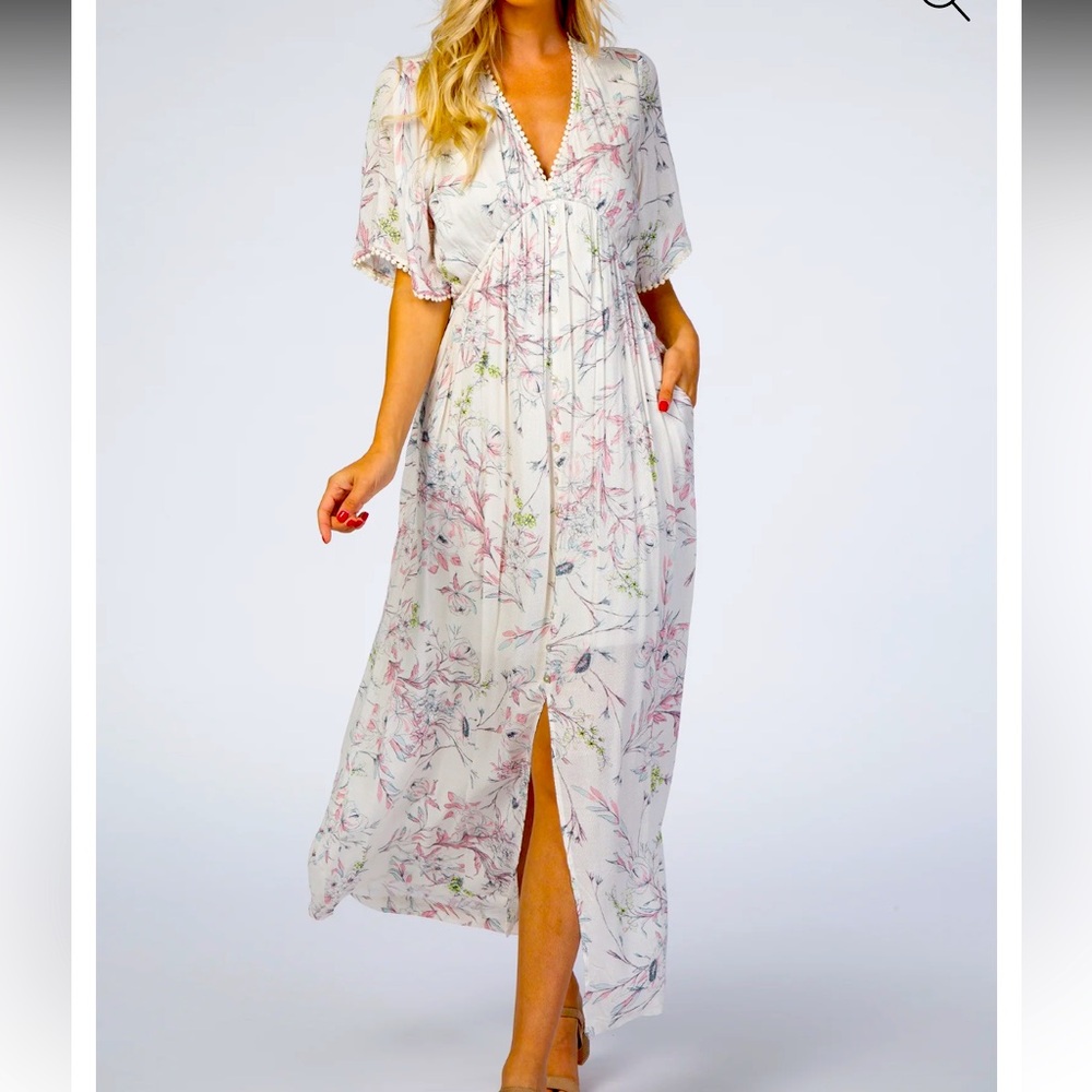 NWOT Lovestitch Ivory Floral Button Front Maxi Dress Size Small